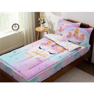 NTBED Unicorn Printed Zipper Bedding Sets Twin for Kids Girls Lightweight Microfiber Floral Rainbow Comforter Set with Fitted Sheet Pillow Covers, Blue Purple