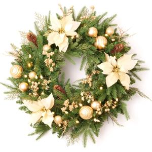 AMERZEST Pre-lit Christmas Wreath with Lights, Pine Cones Gold Balls, Berries and Gold Flowers, 24 Inch 50 Battery Operated LED Lights, Holiday/Decoration/for Front Door/Outdoor