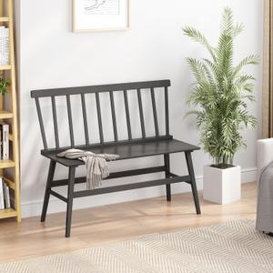 Bamboo Dining Bench, Black Entryway Bench with Spindle Back Farmhouse Wood Windsor for Foyer Balcony Living Room (Nature) (Black)