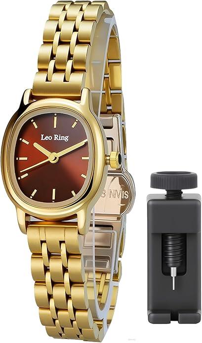 Leo Rings Retro Ladies Wristwatch Women's Oval Bracelet Quartz Watch Dainty for Womens Mesh Bracelet Waterproof Watch