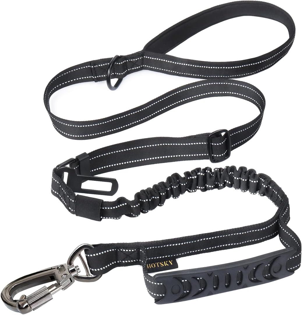 Hotsky Tactical Dog Leash Heavy Duty for Medium Large Dogs that Pull,4-6Ft Strong Bungee Shock Absorbing No Pull Dog Leash with Padded Double Handle and Car Seatbelt,Reflective Black