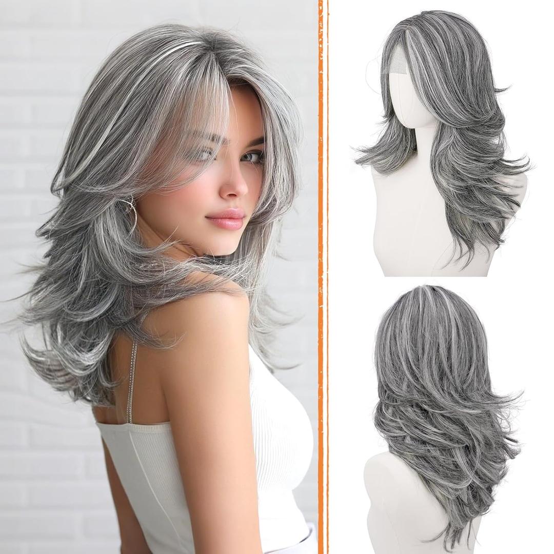 Haloo Grey Layered Wigs with Curtain Bangs Lace Front Hairline Long Wavy Natural Looking Middle Part Synthetic Hair Wig for Women Daily Party Costume, 20 Inch