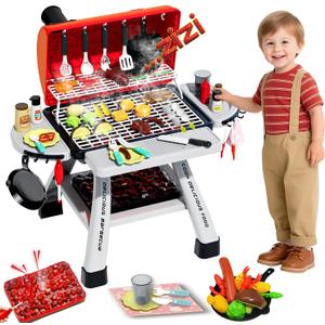 Barbecue Grill Toy Set, Kids BBQ Grill Playset with Smoke Sound Light Simulation Camping Cooking Interactive Toys Christmas Birthday Gift for Toddlers Girls Boys 2-6