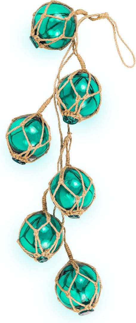 SAILINGSTORY Glass Fishing Float String of 6 Buoy Balls Summer Decor Nautical Coastal Beach Ornaments for Christmas Tree 3" Teal