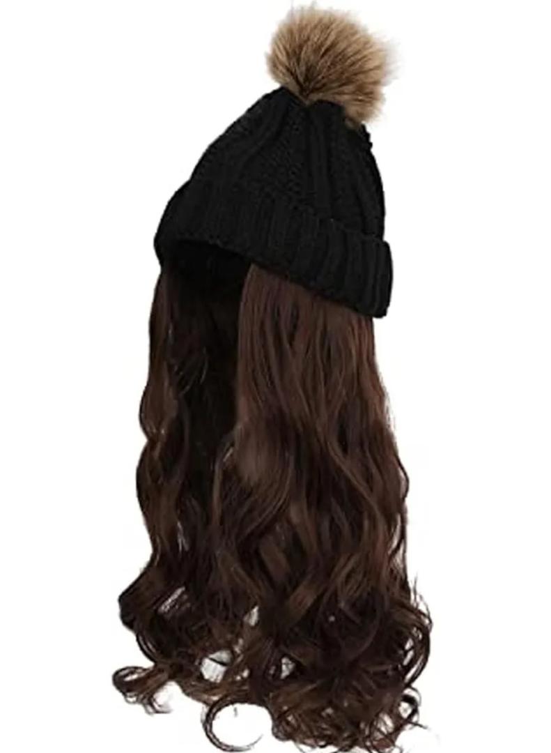 Women Winter Beanie Hat with Big Wavy Curly Hair Knit Attached ski snow Cap wig for Party Daily Weddings