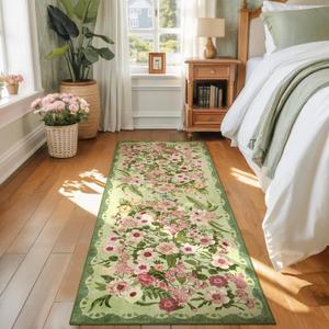 Floral Runner Rug 2x6 - Washable Vintage Bedroom Runner Rug Low Pile Non-Slip Carpet for Entryway Hallway, Laundry, Bathroom, Kitchen - Soft, Stain Resistant Indoor Area Rug - Green