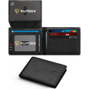 RUNBOX Wallet for Men Slim Rfid Leather 2 ID Window With Gift Box | Slim, Rfid, 2 ID Window, With Gift Box, Slim, Rfid (Black-Vegetable tanned leather)