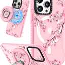 Lotadilo for iPhone 15 Pro Case for Women - Girls Kawaii Design Compatible with Magsafe Magnetic Ring Holder Stand Peach Blossom Phone Covers Aesthetic Girly TPU Funda for 15 Pro