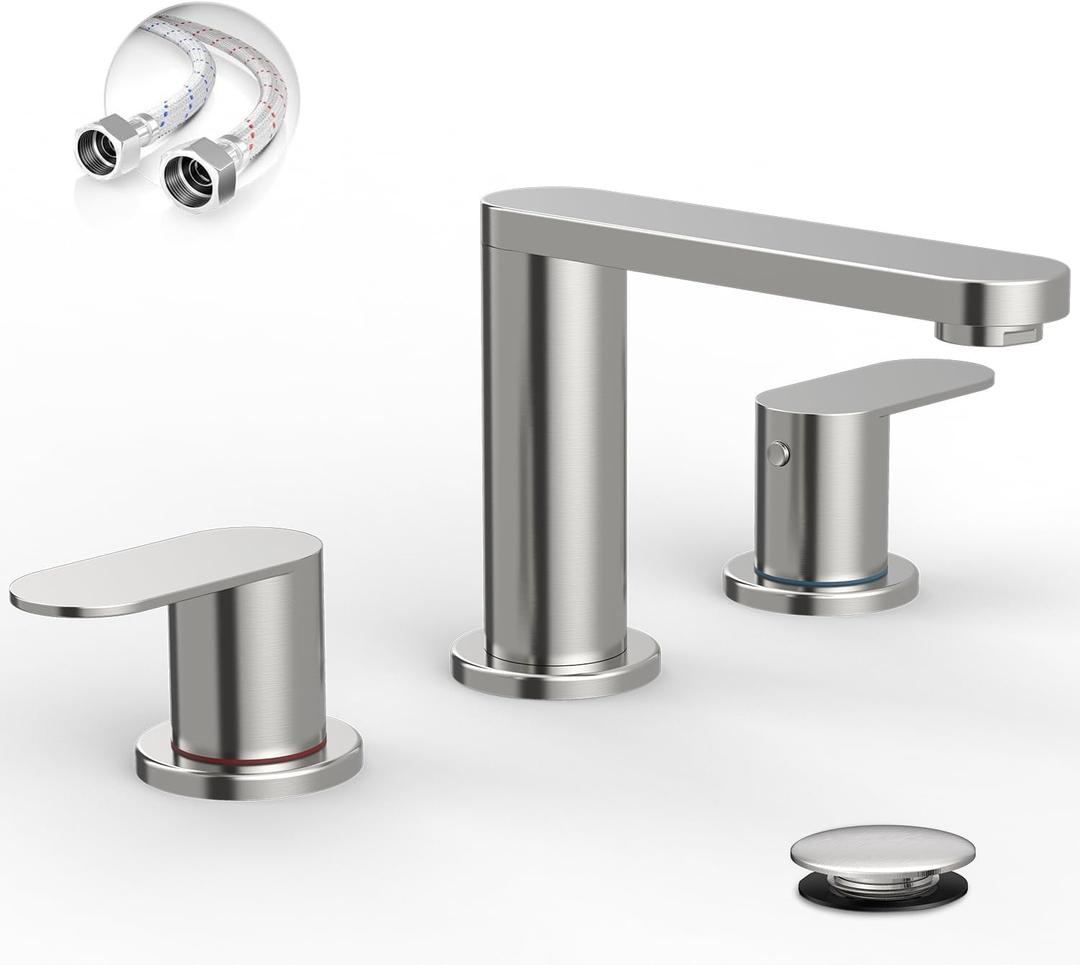 BWE Brushed Nickel Bathroom Faucet for Sink 3 Hole, Stainless Steel Widespread Bathroom Faucets with Pop-up Drain and Supply Lines, 360 Swivel Spout 2-Handle Bathroom Sink Faucet for Bath Vanity (8 Inches Widespread)