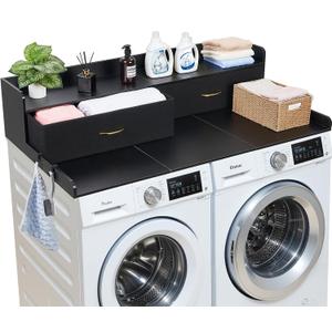 VEVOR 2 Drawers Washer Dryer Countertop with Shelf, 54" x 27" Wooden Laundry Countertop with 2 Hooks & Splicing Panels, Washer and Dryer Topper, Laundry Room Organization and Storage, Black, 2 Tier With Drawers