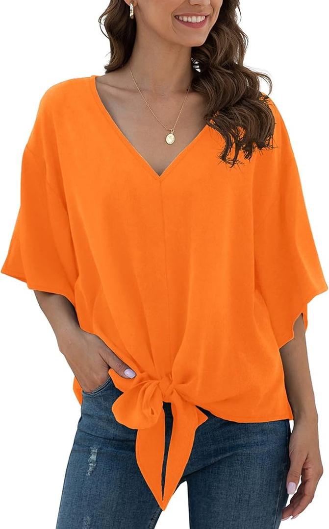 VIISHOW Womens Tie Front Chiffon Blouses V Neck Batwing Short Sleeve Summer Tops Shirts L