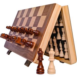 15 Inch Magnetic Wooden Chess Set for Adults & Kids - Folding Travel Chess Board with Handcrafted Staunton Pieces, Extra Queens, and Storage Slots