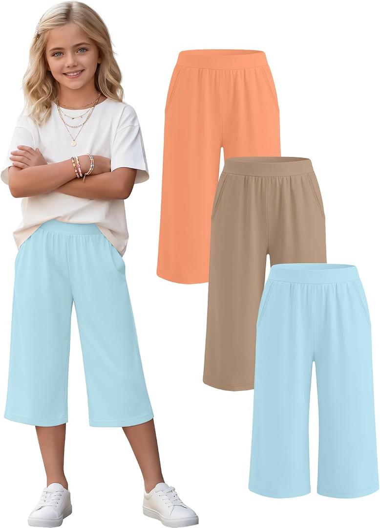 3 Pack Girls' Wide Leg Capri Pants | Teen Kids Capris, Tween Sweatpants, Pockets, Elastic Waist, Workout, Loose, Casual