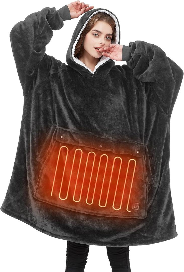 IKER USB Heated Wearable Blanket, Oversized Lazy Hoodie with Large Heating Area, Back Cozy Warm Sherpa Hoodie Blanket for Women Men, Outdoor Nightwork Sofa, Black (No Battery Pack)