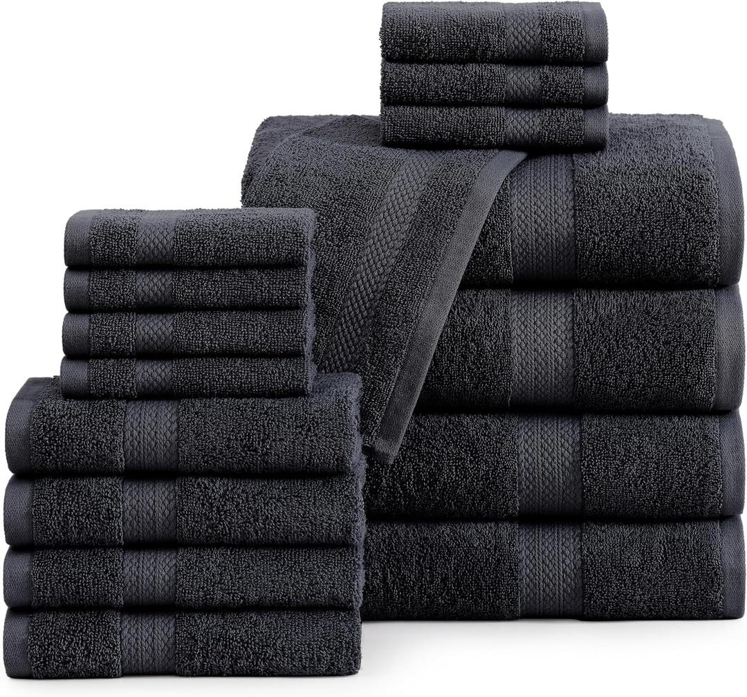 LANE LINEN 100% Cotton Luxury Towel Set for Bathroom - 16 Pieces, Ring Spun - Super Plush, Very Soft & Absorbent - 4 Bath Towels, 8 Washcloths, 4 Hand Towels - Suitable for All Skin Types - Black
