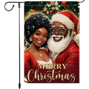 Christmas Garden Flag 12x18 Inch Double Sided Burlap Santa and Mrs. Claus Design, Festive Holiday Yard Decoration for Outdoor Christmas Display