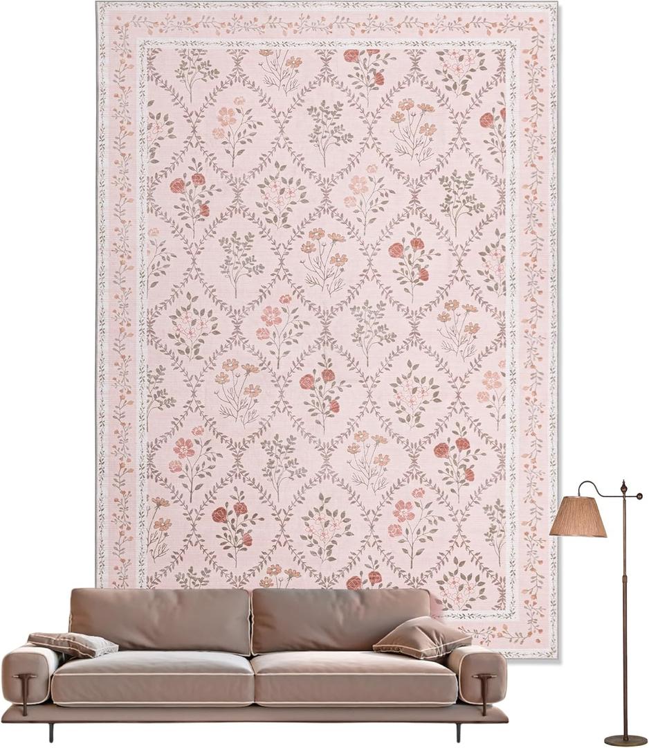 YIHOUSE 5x7 Washable Rug for Bedroom, Pink Floral Rugs for Living Room Non Slip Ultra-Thin Large Boho Rug for Kids Playroom, Classroom, Girls Dorm, Nursery, Pink Multi