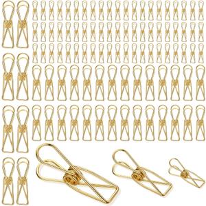 100 Pcs Paper Clips Metal Wire Hollow Out Clothespins Multi Purpose Utility Binder Clips Invoice Bill Stainless Steel Hanging Clothes Pins for School Kitchen Outdoor Office(Small, Medium, Large,Gold)
