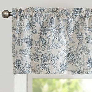 Vangao Farmhouse Linen Valance Curtain for Kitchen Floral Rustic Light Filtering Rod Pocket Window Topper Treatment 16 Inch Blue on Beige