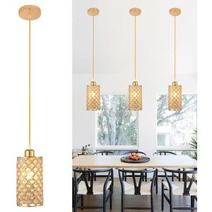 Mini Crystal Pendant Light, Gold Hanging Light Fixture for Kitchen Island, Hallway, Entryway, Dining Room or Bedroom, Adjustable Height 16-39.4", E26 Base, 1-Light, Hardwired, Bulb Not Included