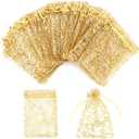 Staruby Organza Gift Bags 100Pcs Gold Sheer Organza Bag 4x6 Inch Mesh Favor Bags Drawstring Jewelry Rattan Printed Gift Pouches for Wedding Party Favors Couple Shower Christmas Gifts Candy Bags
