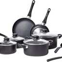Amazon Basics Non-Stick Kitchen Cookware 15-Piece Set with Stay-Cool Handles, Even Heating, Non-Induction, Includes Pots, Pans, and Utensils, Black