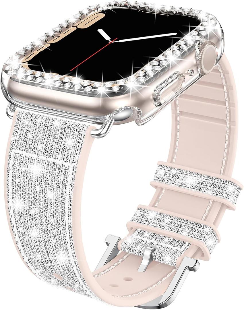 Goton Bling Silicone Band Case Compatible for Apple Watch 45mm with Edge Protector Cover[No Glass] for Women, Strap Color Changes with Angle for iWatch Series 9 8 7 (Silver)