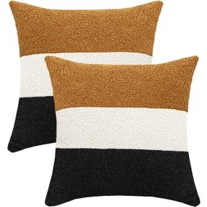 Decorative Textured Boucle Pillow Covers 18 x 18 Inch Neutral Accent Pillow Case for Couch Sofa Bedroom Living Room Home Decor,Orange Brown/Cream/Black (Pack of 2, Cover ONLY)