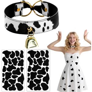 4 x Cow Costume Accessories for Women - Cow Bell Choker & Felt Print Stickers, Cowbell Necklace Collar Outfit for Adult, Halloween Animal Cosplay Costumes DIY Dress Up