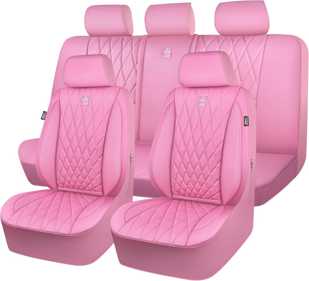 CAR PASS 5 Seats Piping Luxury Leather Seat Covers Full Set, Anti-Slip Waterproof Seat Covers Compatible with Front Armrests, Universal Fit for Suvs,Vans,Trucks,Airbag Compatible, Pure Pink