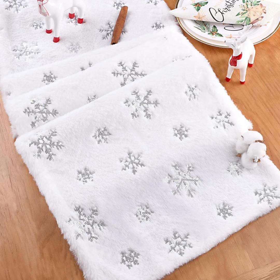 QueenDream White Fur Table Runner Silver Snowflakes Christmas Table Runner, Winter Xmas Holiday Kitchen Dining Table Decoration Indoor Outdoor Party Decor 13 x 48 Inch
