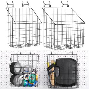 meekoo 2 Pcs Pegboard Baskets 12.4 x 7.5 x 12.8'', 11 x 5 x 12.6'' with 4 Hooks, Peg Board Organizer Accessories Organize Tools for Workbench Garage Storage Hardware Attachments(Black)