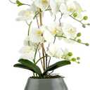 LIVILAN White Orchid Artificial Flowers with Pot Large Fake Silk Orchids Plant Orquidea Artificial Phalaenopsis Orchid with Ceramic Grey Vase Indoor Decor Table Decoration