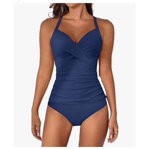 B2prity Women's Ruched Tankini Swimsuits V Neck Wrap Tie Back Two Pieces Bathing Suit Tummy Control Swimwear L