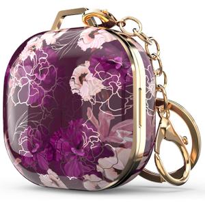 Wenew Case Cover for Galaxy Buds 2/Pro/Live, Cute Patterns Hard Shell with Key Chain Clip for Girls/Kids/Women/Men (Purple + Golden) (Golden Purple)