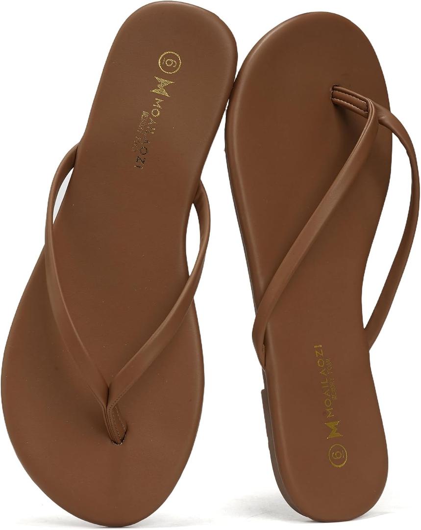 MOAILAOZI Flip Flops for Women With Memory Foam Insole Support,Soft Fabric Fits Comfortably Lightweight Sandals, Non-Slip Durable Beach Slippers Slip On Thong Cushion Flat Dressy Brown Size 6