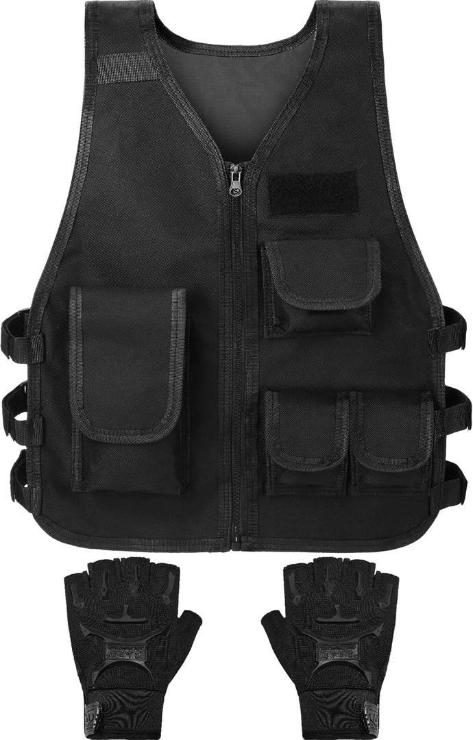SATINIOR Tactical Vest Army Combat Vest Outdoor with Half Finger Fingerless Short Gloves Breathable (Kid Size, Cool Style)