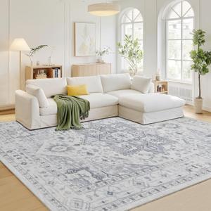 Area Rug 8x10 Washable Area Rugs for Living Room- Ultra Soft Non-Shedding Faux Wool Bedroom Rug Large Grey Vintage Print Rugs with Non Slip Rubber- Indoor Retro Foldable Carpet for Dining Room (8' x 10' (Rectangular), Grey/Cream/White/Light Blue)