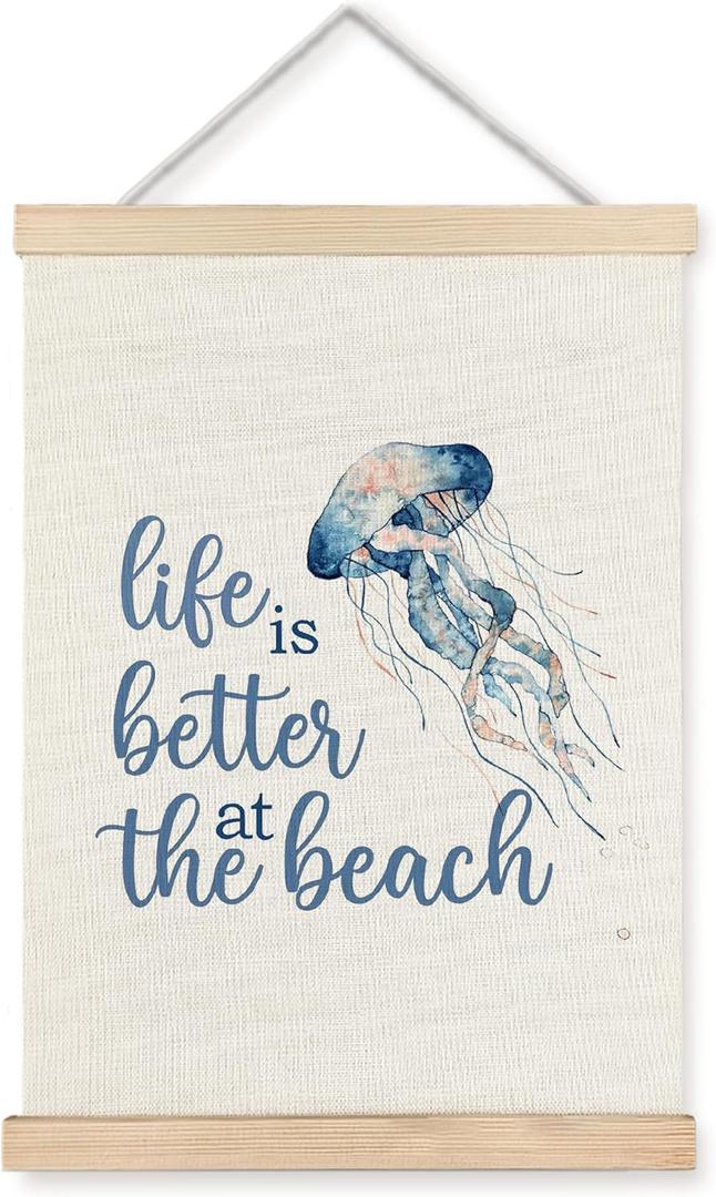 ignytiger Ocean Jellyfish Wall Art Decor, Life is Better at the Beach Coastal Dorm Decor, Summer Beach Poster Framed Wall Art for Bedroom Bathroom,12x16 Inch