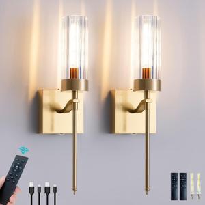 Battery Operated Wall Sconces Set of Two with Remote, Gold Rechargeable Wireless Wall Lights, Sconces Wall Decor Set of 2 Dimmable 2700K Battery Powered Sconce for Bathroom Living Room Hallway