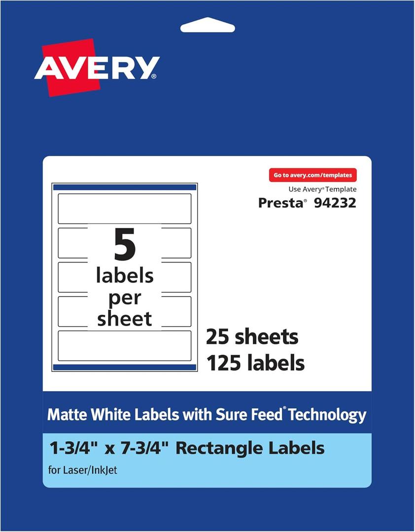 Avery Matte White Rectangle Labels, Sure Feed Technology, 1.75" x 7.75", 125 Matte White Printable Labels Avery Matte White Rectangle Labels, Sure Feed Technology, 1.75" x 7.75", 125 Matte White Printable Labels