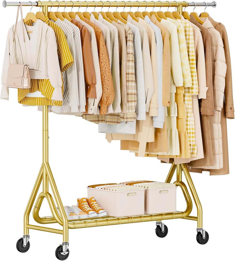 Heavy Duty Clothes Rack, Metal Clothing Rack Load 450 LBS, Rolling Coat Racks for Hanging Clothes with Lockable Wheels, Wardrobe Closet Garment Racks for Bedroom, Gold, Single Rod, 18.9"D x 63"W x 66"H