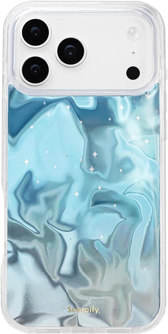 SCORPIFY for iPhone 17 Pro Case [Compatible with MagSafe] with Blue Celestial Ripples and Wave Texture, Cute Magnetic Phone Cover Bumper for Women Girls, Glitter Sparkle Pattern with Gold Accents