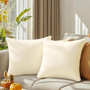 QUORGVES Cream Velvet Pillow Covers 18x18 Inch Set of 2, Soft Solid Decorative Square Throw Pillow Covers, Decor Cushion Covers for Bed Sofa Couch Bedroom Living Room - Off White/Ivory