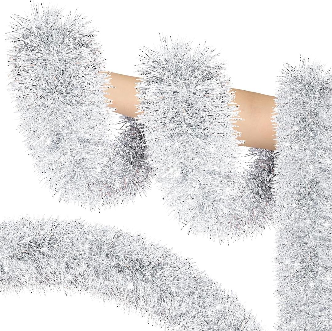 Lush Christmas Tinsel Garland, Silver & White Radiant Metallic Twist Streamers for Holiday Decor, Plush & Full Xmas Tree Garland for an Elegant Festive Atmosphere, Indoor & Outdoor Party Supplies, 50 ft