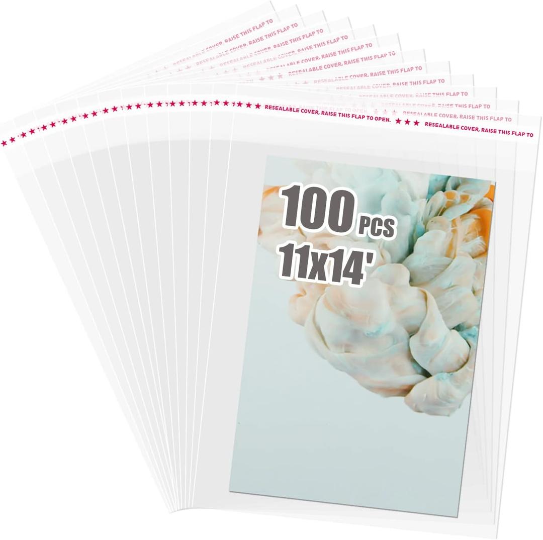 Egofine Self Sealing Cellophane Bags 100 PCS, Crystal Sealed Clear Bags for 11x14 Art Prints, Bag Size: 11.41x14.57 inches