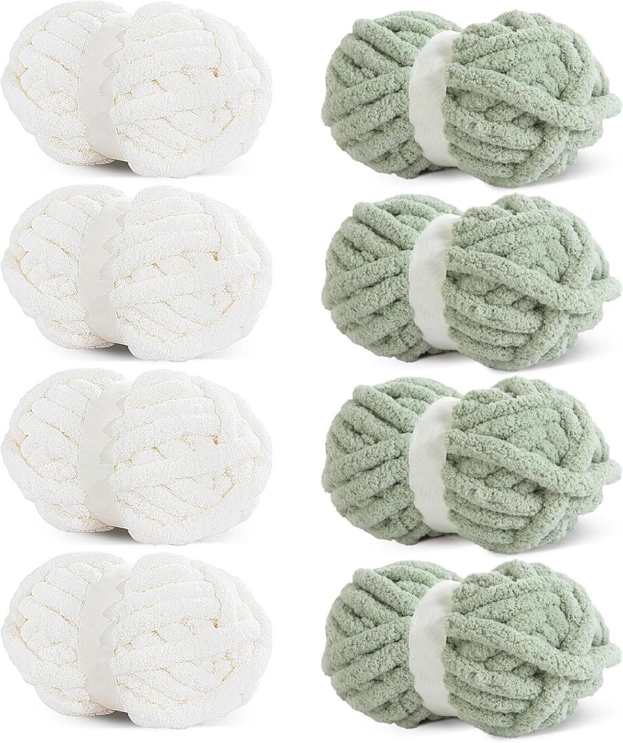 HOMBYS 8 Pack Assorted Chunky Yarn for Crocheting, Super Bulky Large Soft Fluffy Yarn, Plush Fuzzy Yarn, Thick Chenille Yarn for Hand Knitting/Arm Knitting,4 White & 4 Sage Green(27yds,8 oz Each Skein)