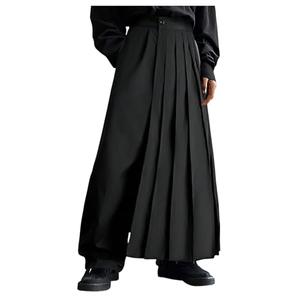 OYOANGLE Men's Skirt Pants Loose Wide Leg Asymmetrical Pleated Japanese Harajuku Kimono Trousers Black, Medium