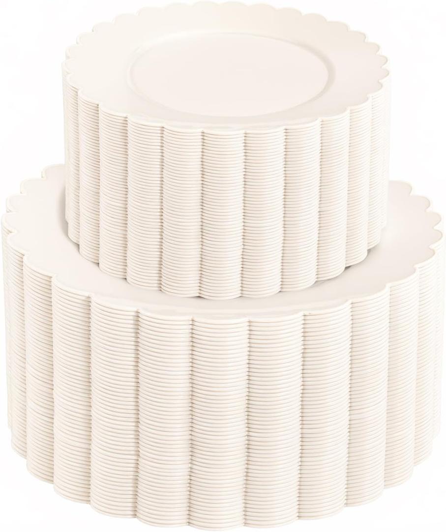 supernal 100pcs Ivory Plastic Plates Fancy Disposable Scalloped Plates for Party Heavy Duty for Party,Wedding,Brthdays Bridal Shower Plate Include 50 Plastic Dinner & Dessert Plate
