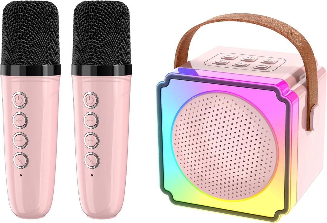 EFAILY Karaoke Machine for Kids, Christmas Birthday Gifts Toys Portable Bluetooth Speaker with 2 Wireless Microphones, Mini Karaoke Machine with LED Light for 4-12+ Years Old (Pink)